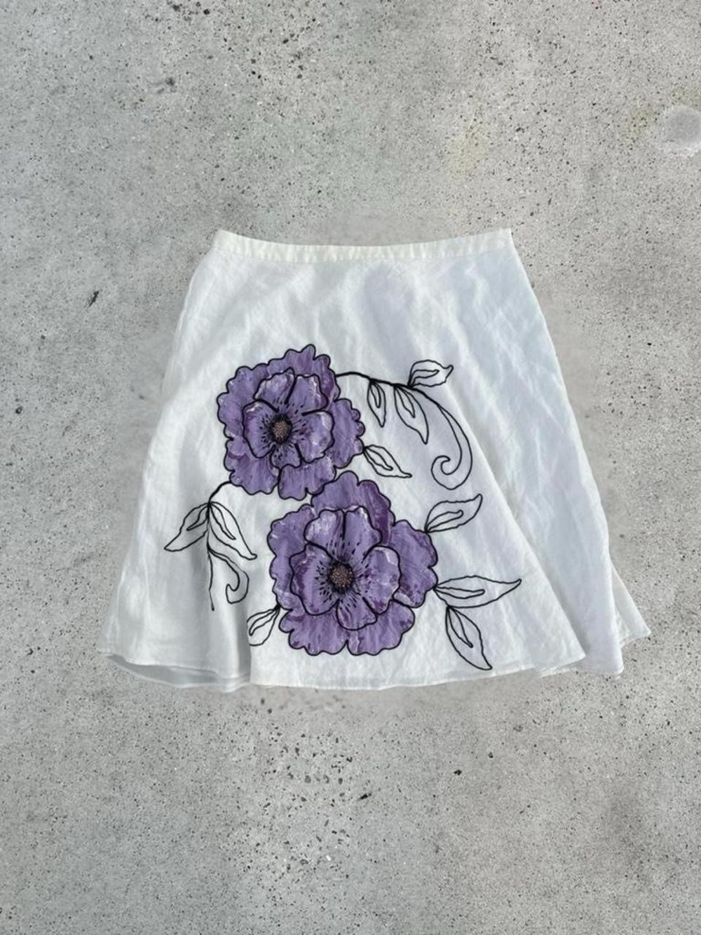 White Linen Skirt with Purple Floral Embroidery